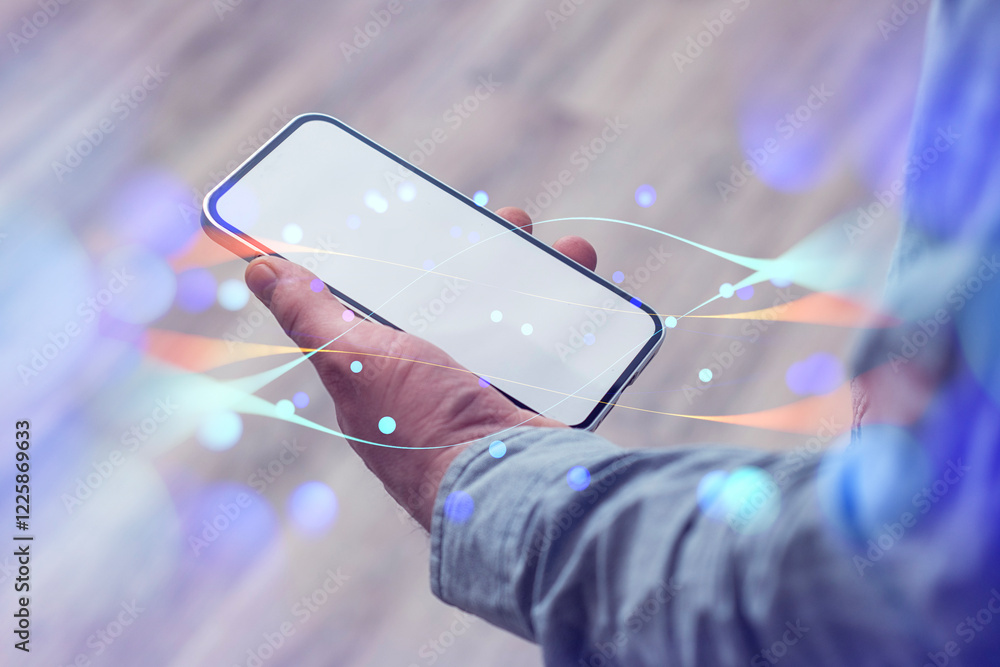 Poster close-up of a person holding a mockup of a smartphone with a white screen with abstract digital netw