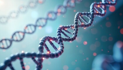 Detailed 3D DNA structure. High-tech molecules connect. Medical science graphic. Full body image against white background. Shows intricate molecular biology. Illustrates scientific data overlays.