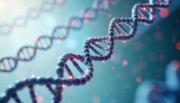 Detailed 3D DNA structure. High-tech molecules connect. Medical science graphic. Full body image against white background. Shows intricate molecular biology. Illustrates scientific data overlays.