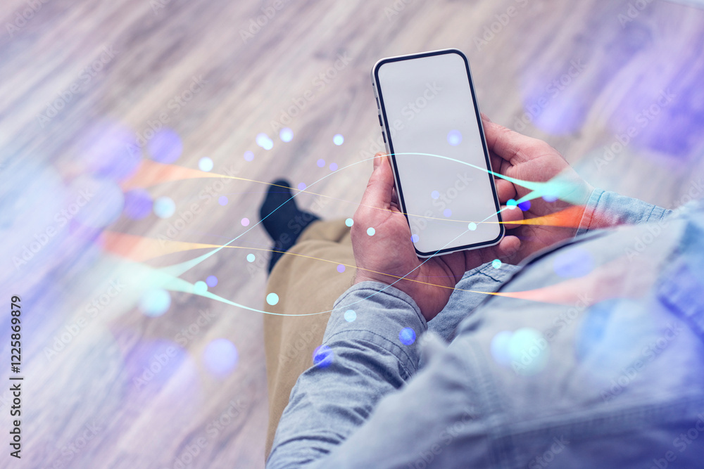 Poster close-up of a person holding a mockup of a smartphone with a white screen with abstract digital netw