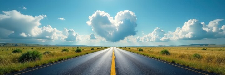 Fototapeta premium Asphalt road vanishing point, heart-shaped cloud formation , journey, feeling
