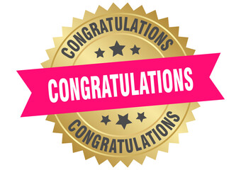 congratulations. congratulations round pink and gold label isolated on transparent background