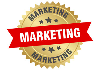 marketing. marketing round red and gold label isolated on transparent background