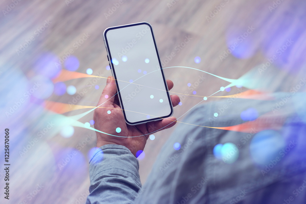 Aufkleber close-up of a person holding a mockup of a smartphone with a white screen with abstract digital netw