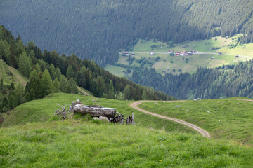 Rustic Wooden Trough Overlooking Winding Alpine Road and Valley in Zillertal, Tirol, Austria