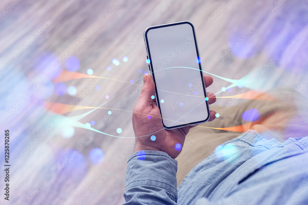Poster close-up of a person holding a mockup of a smartphone with a white screen with abstract digital netw