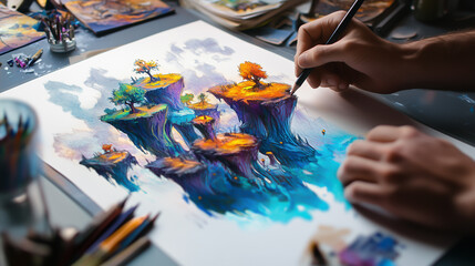 Close-up photo of an artist sketching a surreal dream landscape on paper, showcasing a vibrant fantasy world with floating islands and imaginative scenery.