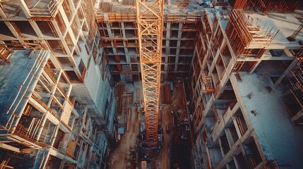 Construction site with crane dominating the frame from above