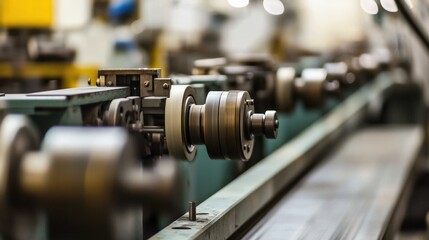Fototapeta premium Industrial machinery in a manufacturing facility with rotating wheels and blurred background activity