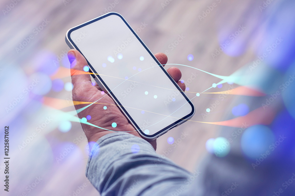 Aufkleber close-up of a person holding a mockup of a smartphone with a white screen with abstract digital netw