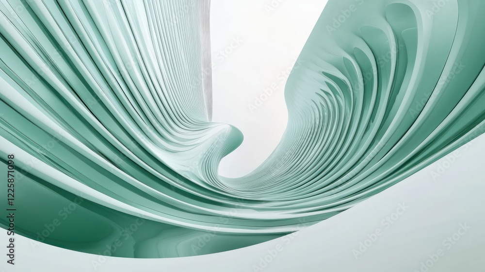 Poster abstract architectural design featuring undulating green structures against a white background