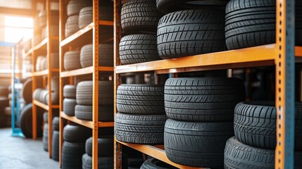 Obraz premium Warehouse storing tires for sale at service station or garage