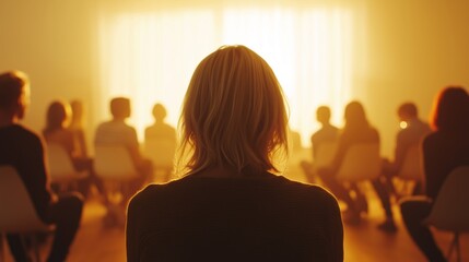 Fototapeta premium rear view of a blonde woman engaged in group therapy