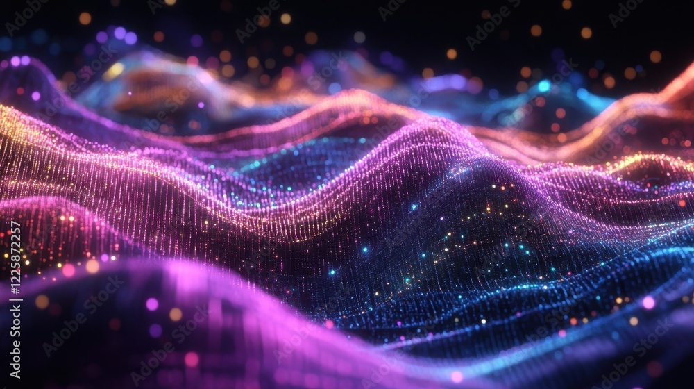 Poster flowing abstract colorful particle waves create a mesmerizing visual effect against a dark backgroun
