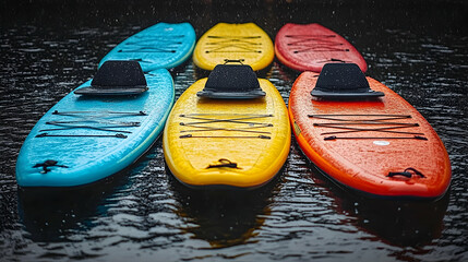 Colorful paddleboards on dark water, rain; water sports rental