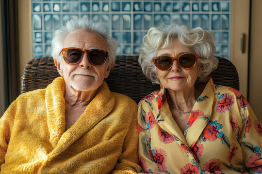 A senior couple in bathrobes with sunglasses enjoying their retirement