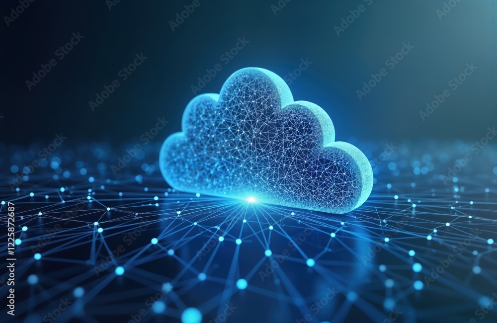 Poster Cloud computing tech concept. Large cloud icon shows data transfer. Connections illustrate global network. Modern tech illustration. Future data management. Secure data transfer. Innovative cloud