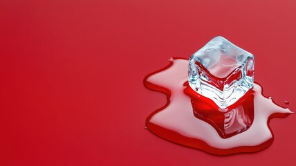 Ice cube melting on red surface, concept of global warming