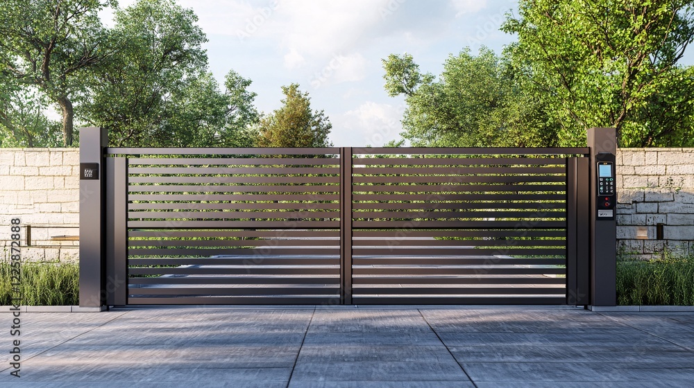 Poster Modern automatic sliding gate system controlling access to residential building