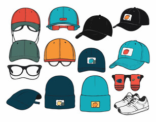 Set of Glasses, Socks, Balaclava, Mask, 5, 6 Panel Cap - Technical Flat Drawing of Tote Bags, Skateboard Beanies Design - Fashion Accessories Technical Illustration - Trucker Hat Snapback Caps  