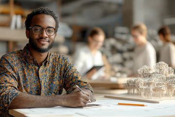 architect in creative workspace, smiling young architect working in a collaborative studio environment with colleagues and architectural models.