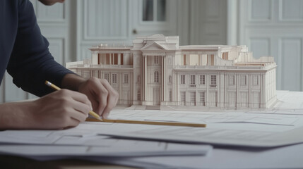 Close-up photo of an architecture student meticulously drafting architectural details with blueprints and a model, showcasing an in-depth design process and creativity.
