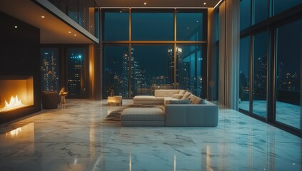 A modern living room with a wooden floor, light-colored walls, and a brown leather sofa.