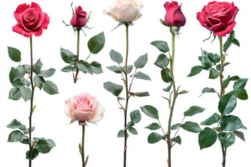 Set of floral rose designs in red and pink on white background suitable for graphic mockup