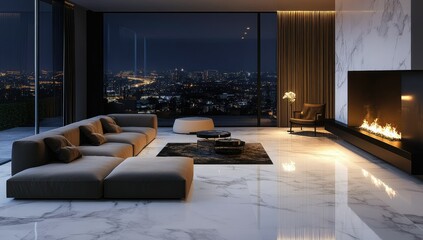 Naklejka premium A living room with an open-space layout, featuring light-colored wooden flooring and beige walls.