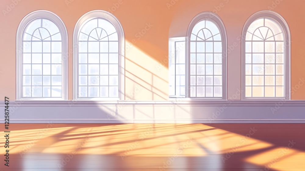 Poster sunlight entering through arched windows in empty room