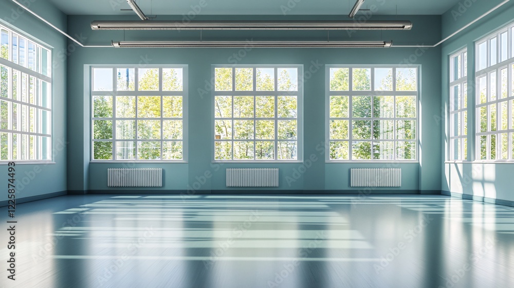 Aufkleber empty open plan office room with big windows showing trees - perfect for coworking