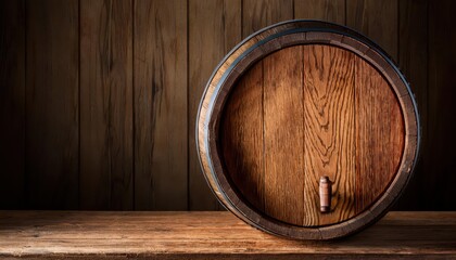 Realistic 3D Render of an Aged Oak Whiskey Barrel Against a Rustic Wood Backdrop, Showcasing the Grain and Weathered Textures in Detailed Relief.