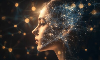 Obraz premium Profile shows glowing networks and lights behind it.