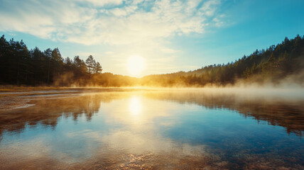 Fototapeta premium Rising sun casting warm light over a misty geothermal pool, illuminating lush forests and creating a breathtaking, tranquil landscape filled with vibrant autumn colors