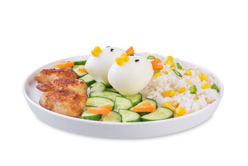 Plate with rice, fried meat slices, cucumber and eggs in the form of funny chickens on a white isolated background
