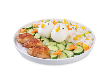 Plate with rice, fried meat slices, cucumber and eggs in the form of funny chickens on a white isolated background