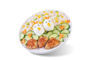 Plate with rice, fried meat slices, cucumber and eggs in the form of funny chickens on a white isolated background