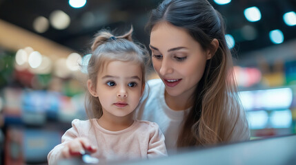 Young mother assisting her little daughter scanning groceries at self-service checkout counter in a modern supermarket, enjoying a convenient and interactive shopping experience