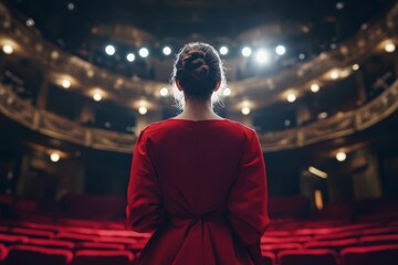 Fototapeta premium Woman in red dress faces theater seats.
