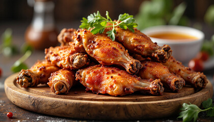 Crispy chicken wings with fresh parsley on rustic wooden board, appetizing