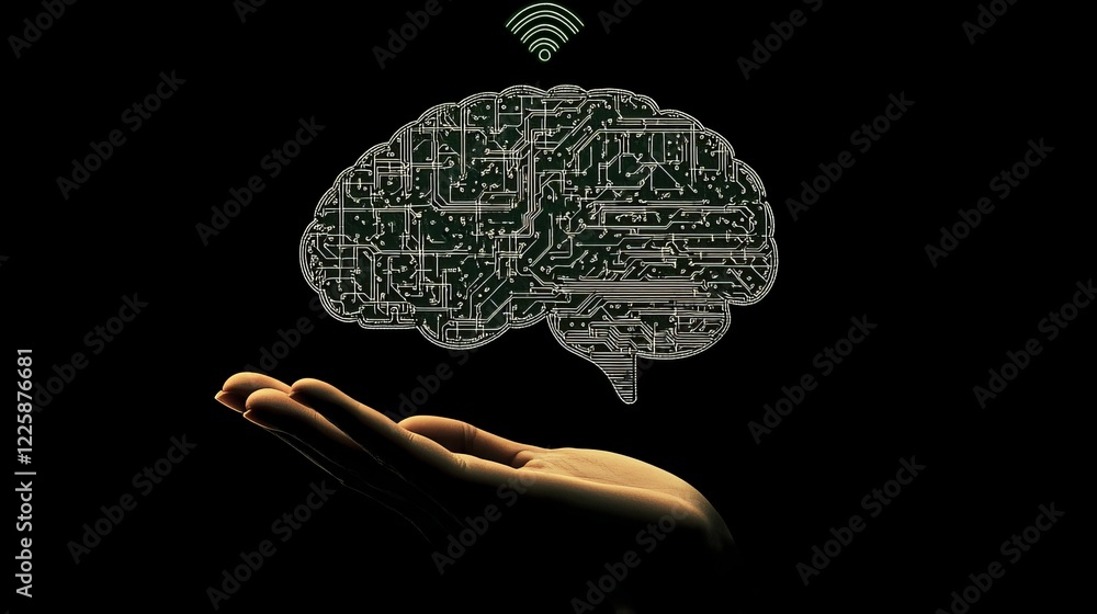 Poster circuit board in shape electronic brain with gyrus, symbol ai hanging over hand. symbol of computer 