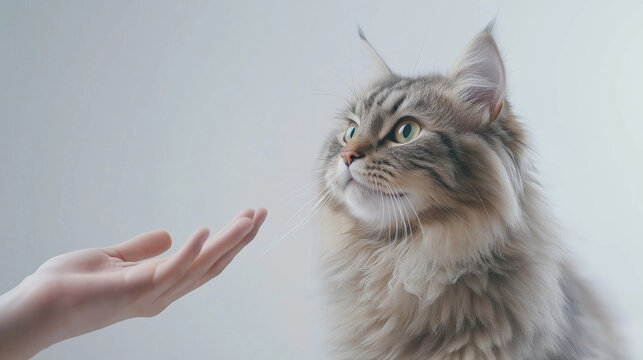 Gray-white fluffy cat cowering, displaying fearful body language while avoiding outstretched human hand against stark minimalist white backdrop, expressing feline emotional response