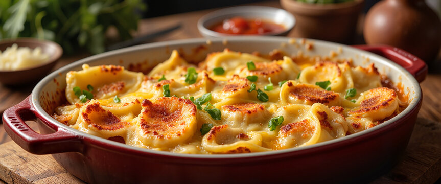 Hearty chicon au gratin with crispy edges in cozy kitchen, comfort food