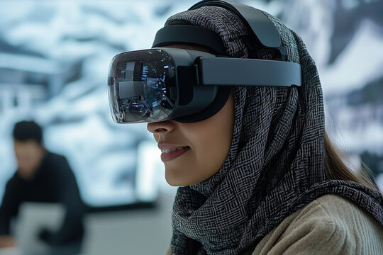 Virtual Reality Experience: Woman in Hijab Using VR Headset