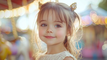 Fototapeta premium Child enjoying a carnival atmosphere with a joyful smile and whimsical hair accessories during the golden hour