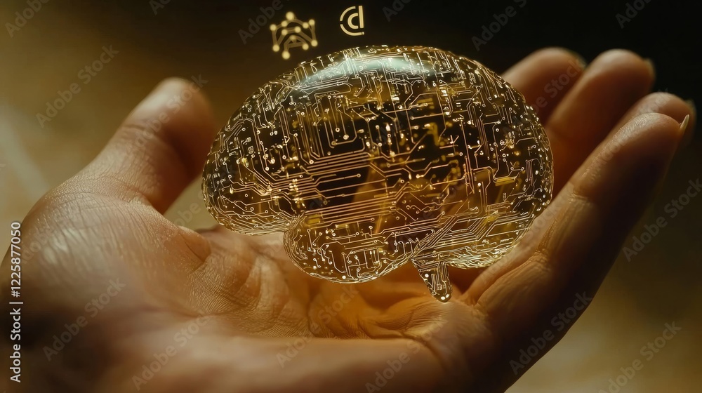 Poster circuit board in shape electronic brain with gyrus, symbol ai hanging over hand. symbol of computer 