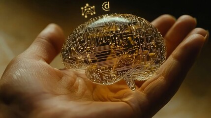 Circuit board in shape electronic brain with gyrus, symbol ai hanging over hand. Symbol of computer neural networks or artificial intelligence in neon cyberspace with glowing title on palm scientist