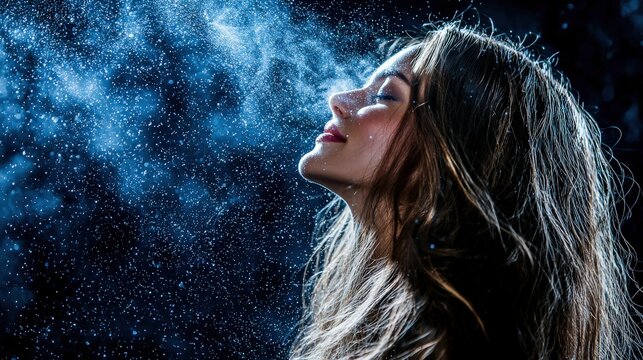 A woman with long, flowing hair gazes upwards, surrounded by sparkles of perfume mist. Her face is softly illuminated by cool blue light against a dramatic dark background, creating an enchanting atmo