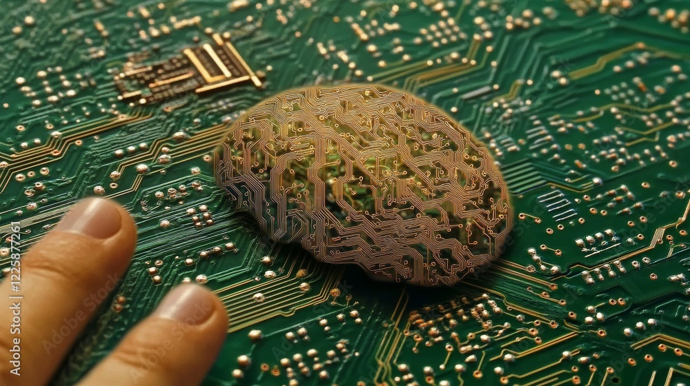 Poster circuit board in shape electronic brain with gyrus, symbol ai hanging over hand. symbol of computer 