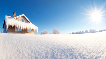 Snow-covered wooden house with long icicles hanging from the roof in a serene winter landscape with a bright sun shining in a clear blue sky